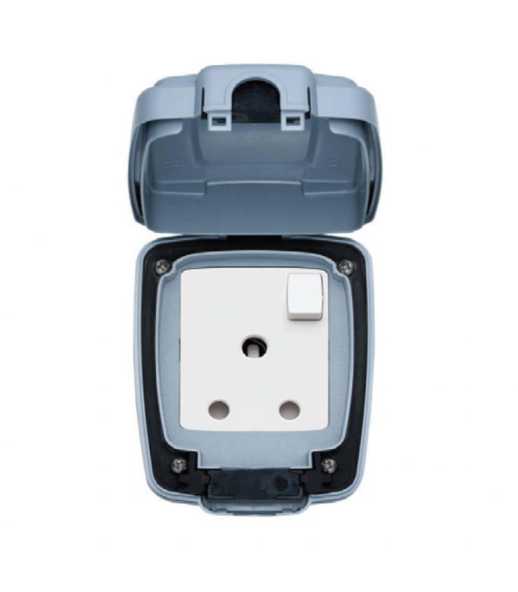 MK 15A Weatherproof Switch Socket 86893GRY, Durable 15A Rated Weatherproof Electrical Socket in Gray, Designed for Outdoor Use with High IP Rating for Protection Against the Elements